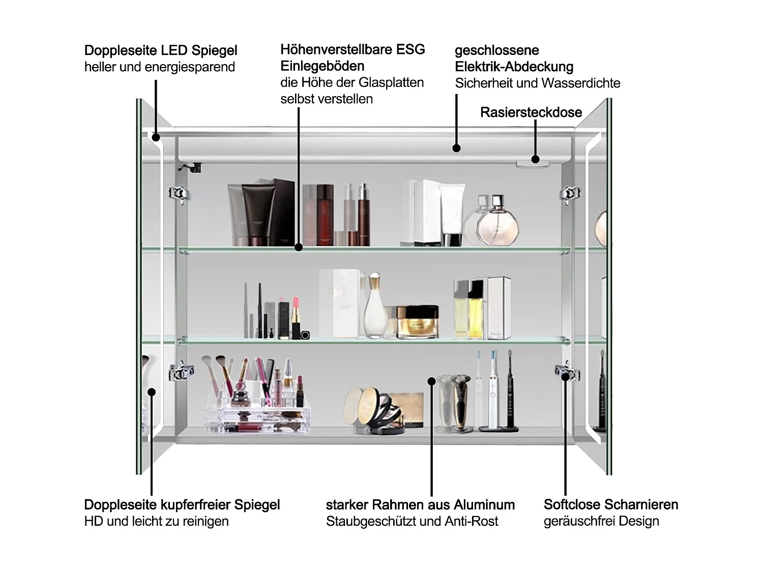 AICA LED Spiegelschrank 80x60cm,Beschlagfrei,3 Lichtfarbe,Dimmbar,Steckdose