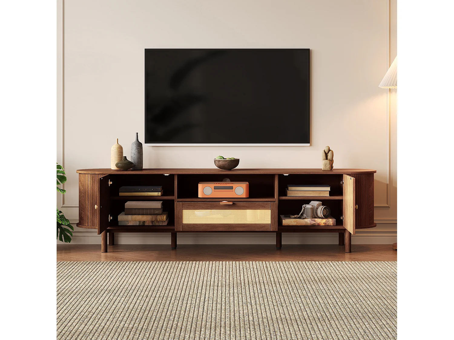 Meuble TV moderne - 175 x 36 x 51 cm - avec tiroirs en rotin + étagère ouvert + 2 portes - pieds en métal - MDF - marron