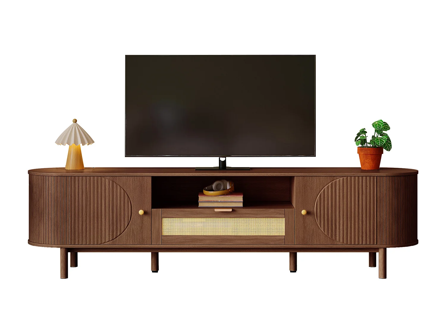 Meuble TV moderne - 175 x 36 x 51 cm - avec tiroirs en rotin + étagère ouvert + 2 portes - pieds en métal - MDF - marron
