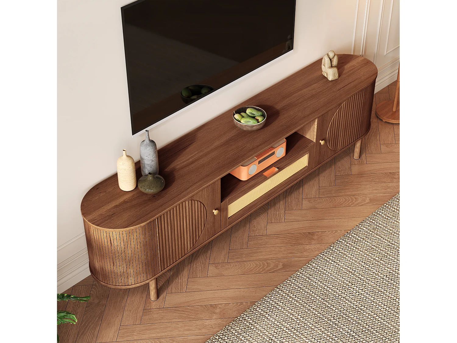 Meuble TV moderne - 175 x 36 x 51 cm - avec tiroirs en rotin + étagère ouvert + 2 portes - pieds en métal - MDF - marron