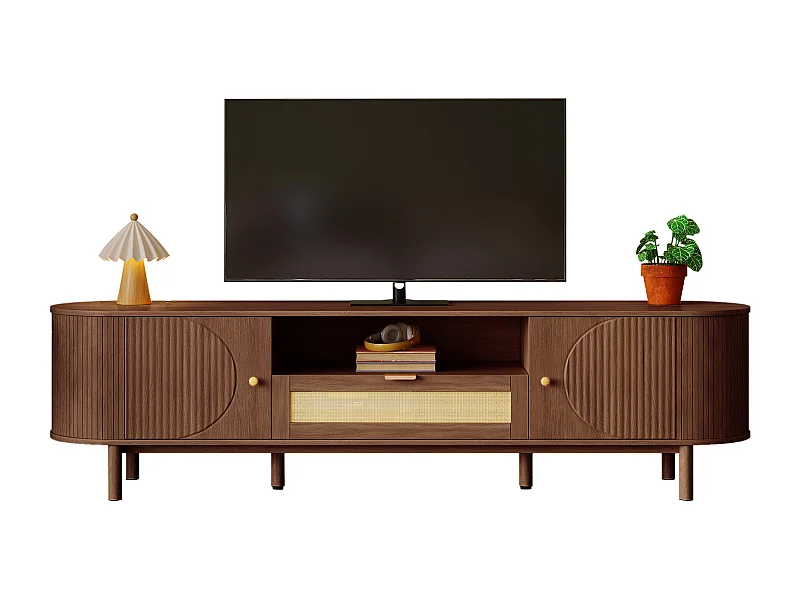 Meuble TV moderne - 175 x 36 x 51 cm - avec tiroirs en rotin + étagère ouvert + 2 portes - pieds en métal - MDF - marron