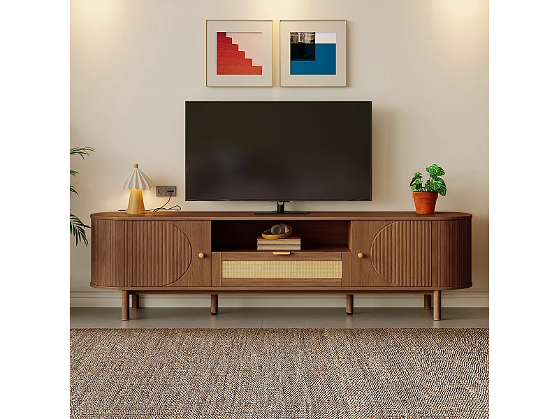 Meuble TV moderne - 175 x 36 x 51 cm - avec tiroirs en rotin + étagère ouvert + 2 portes - pieds en métal - MDF - marron