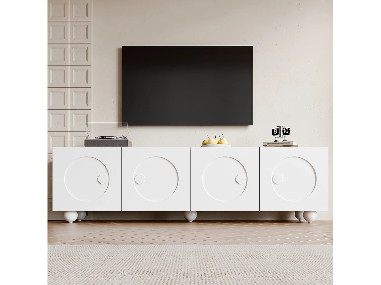 Meuble TV blanc avec 4 portes - Pieds rondes - Bois en MDF et PB