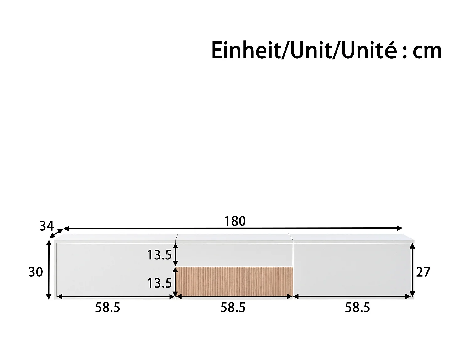 Moderner TV-Ständer – 180 x 34 x 30 cm – einzigartiges Design – mit 4 Türen – Spanplatte – weiß