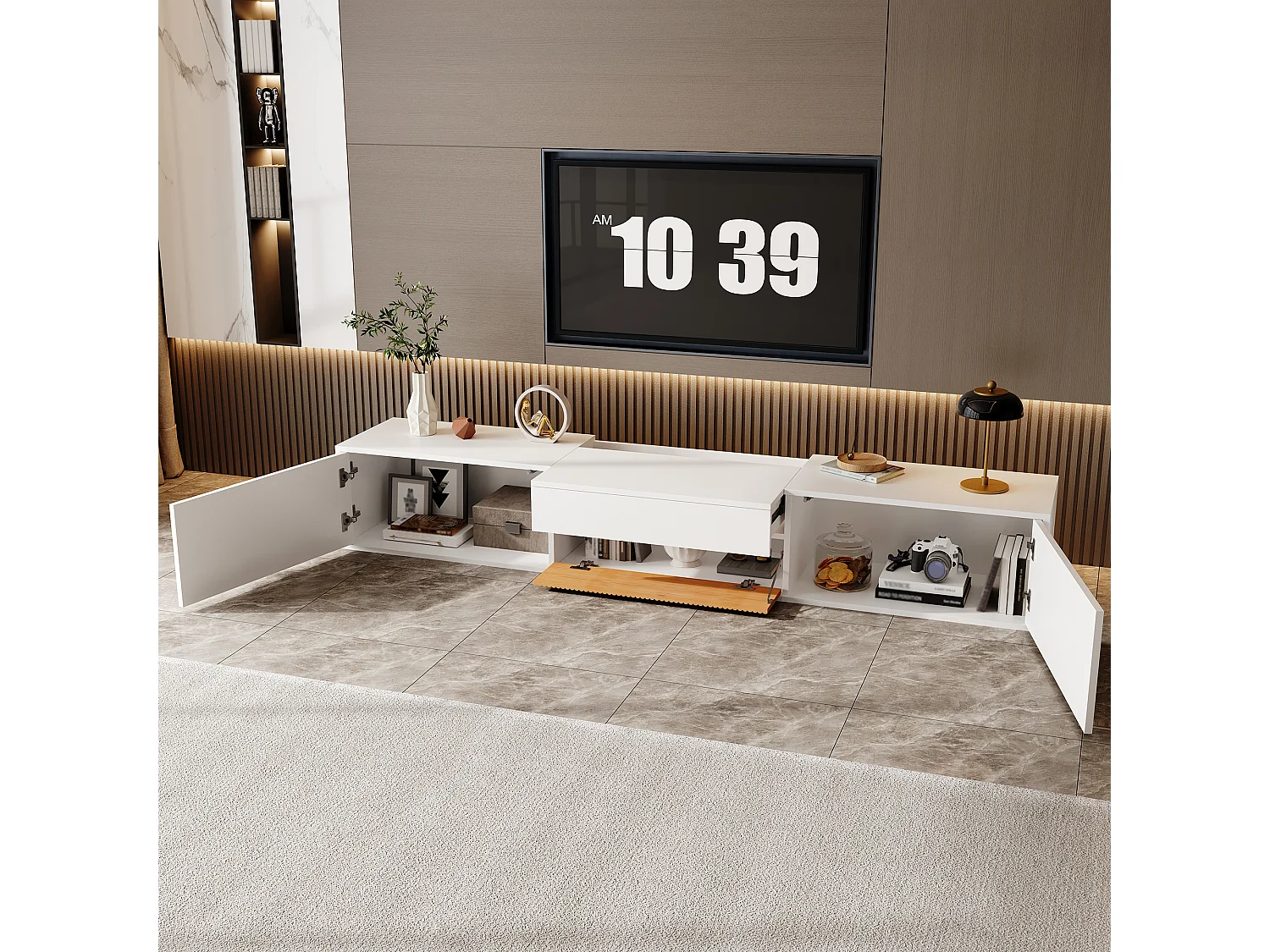 Moderner TV-Ständer – 180 x 34 x 30 cm – einzigartiges Design – mit 4 Türen – Spanplatte – weiß