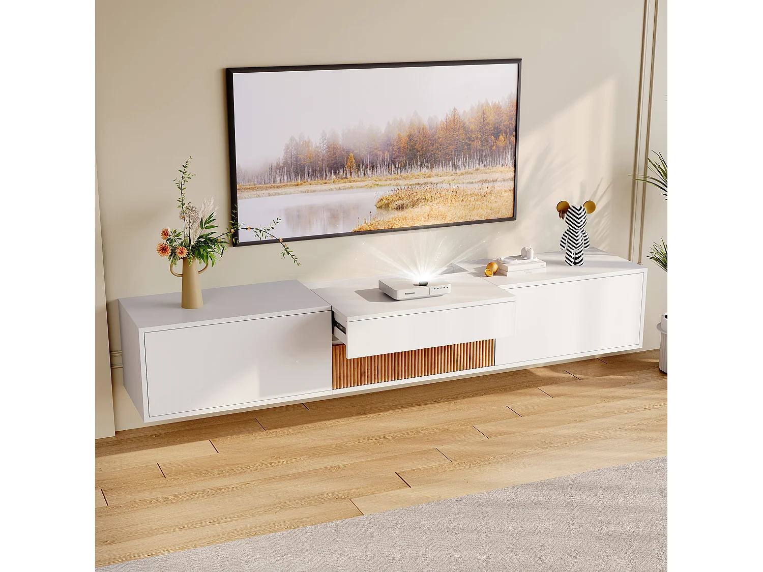Moderner TV-Ständer – 180 x 34 x 30 cm – einzigartiges Design – mit 4 Türen – Spanplatte – weiß