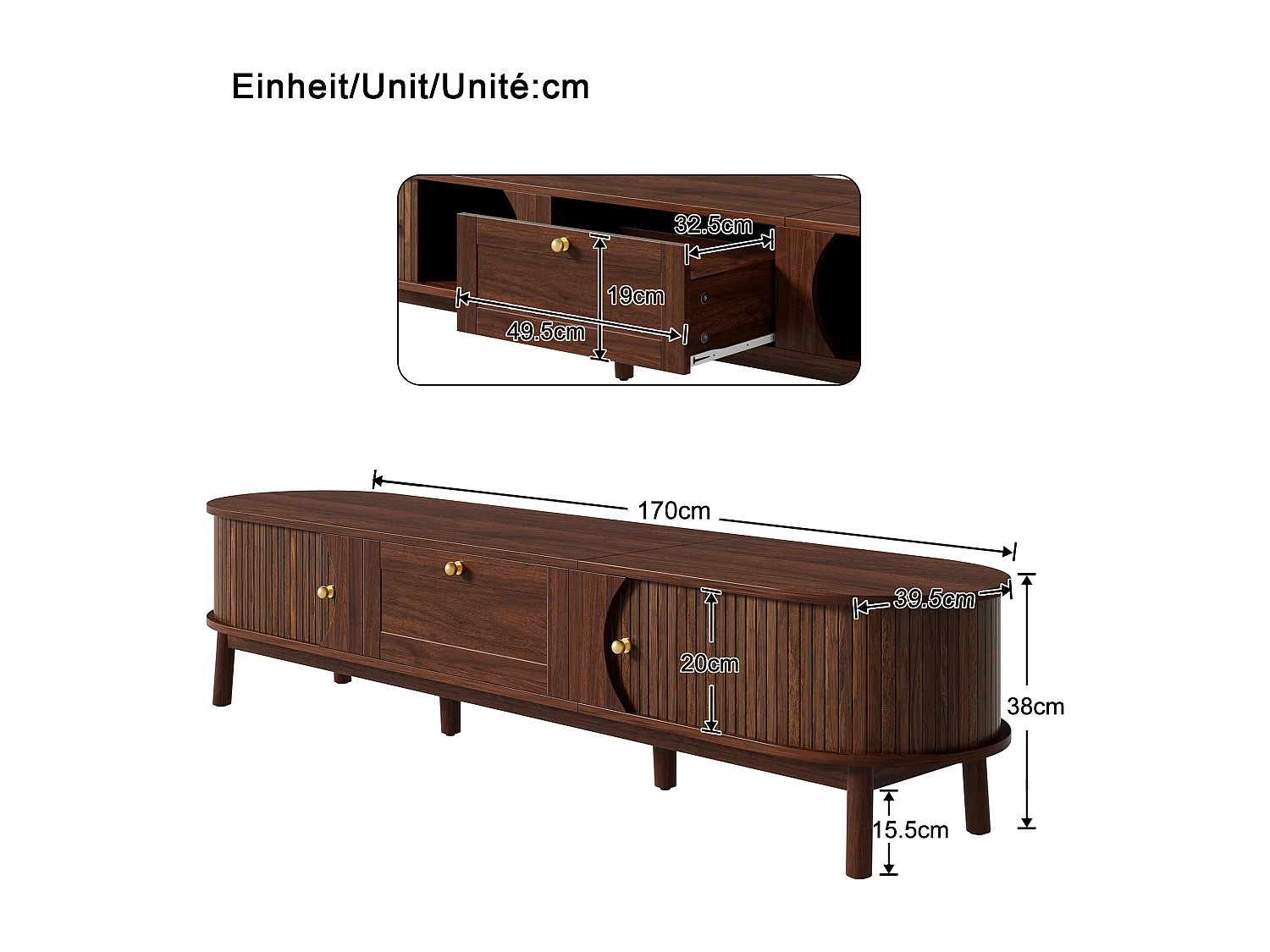 TV-Schrank 170x39,5x38 cm - mit 1 Schublade und 2 Schiebetüren - Holzoptik - MDF - Braun