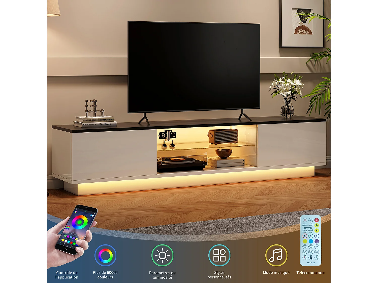 Meuble TV avec éclairage LED et 2 portes - supporte les téléviseurs jusqu'à 65 pouces - 160 x 32 x 42 cm