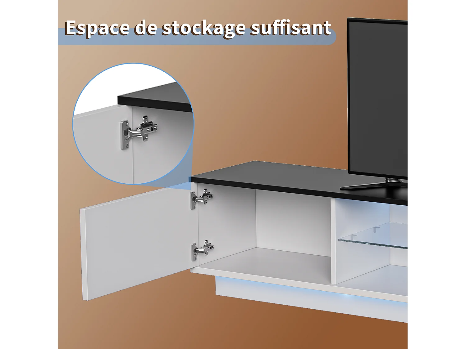 Meuble TV avec éclairage LED et 2 portes - supporte les téléviseurs jusqu'à 65 pouces - 160 x 32 x 42 cm