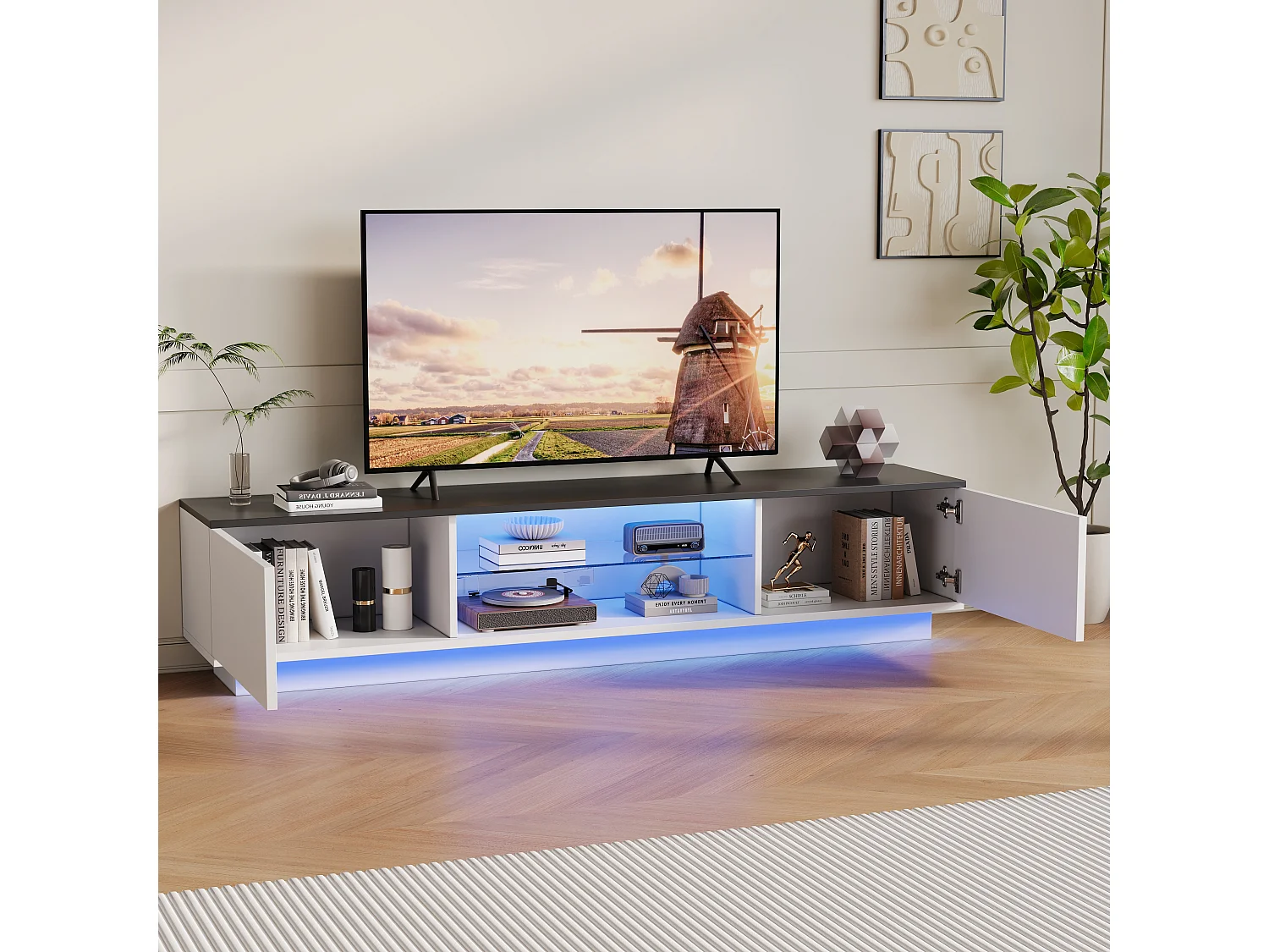 Meuble TV avec éclairage LED et 2 portes - supporte les téléviseurs jusqu'à 65 pouces - 160 x 32 x 42 cm
