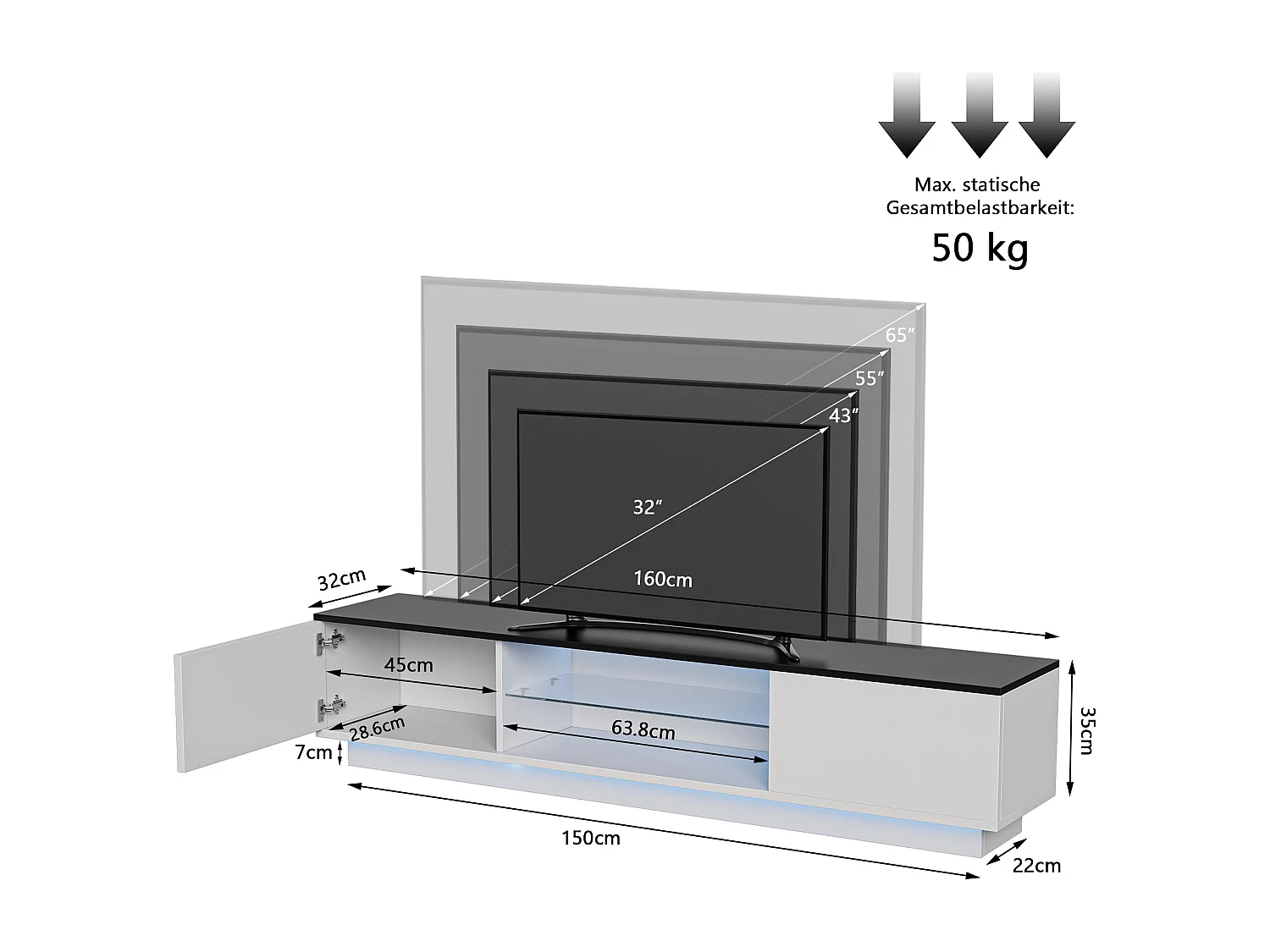 Meuble TV avec éclairage LED et 2 portes - supporte les téléviseurs jusqu'à 65 pouces - 160 x 32 x 42 cm