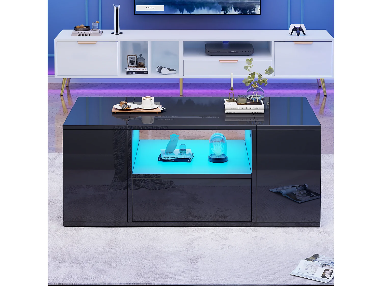 Glänzender Couchtisch 100x50x40 cm - mit 1 Schublade und Staufächern - mit LED-Beleuchtung - Spanplatten - Schwarz