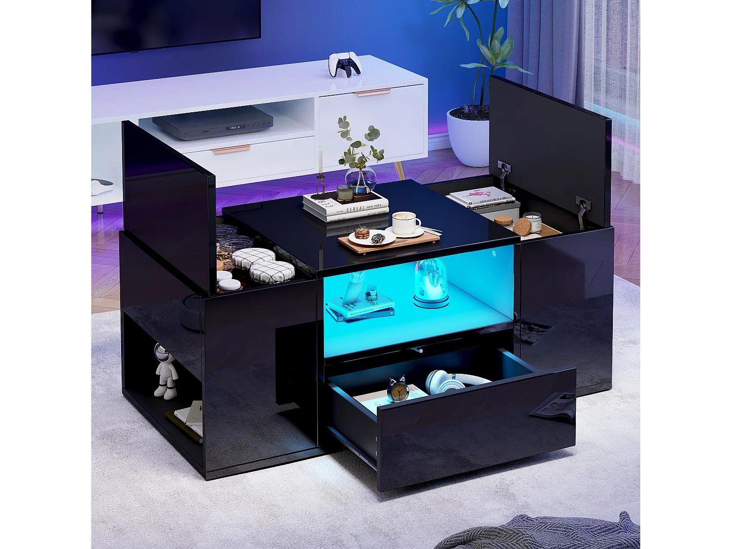 Glänzender Couchtisch 100x50x40 cm - mit 1 Schublade und Staufächern - mit LED-Beleuchtung - Spanplatten - Schwarz