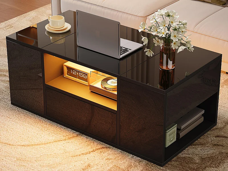 Glänzender Couchtisch 100x50x40 cm - mit 1 Schublade und Staufächern - mit LED-Beleuchtung - Spanplatten - Schwarz