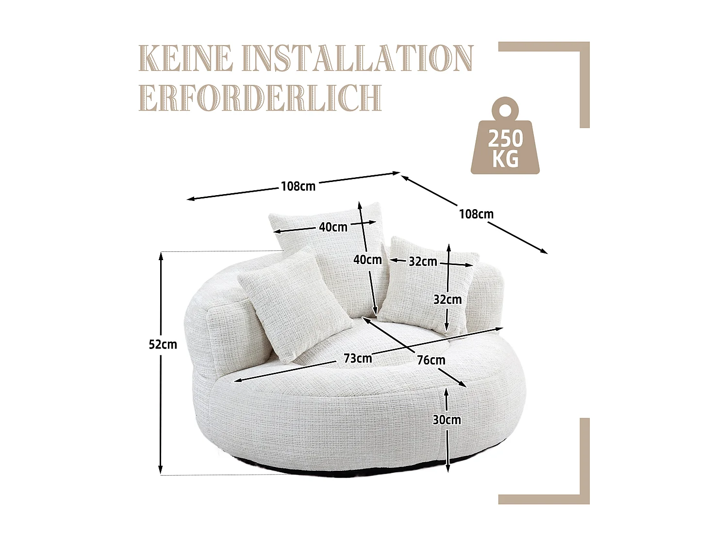 Fauteuil poire avec 3 coussins - Pour adulte et enfant - Chenille beige, sans montage