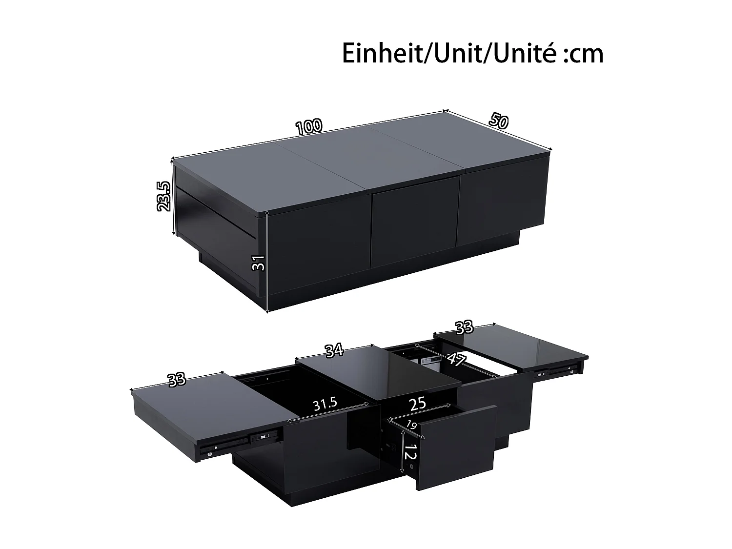Couchtisch 100x31x50 cm - mit 2 Schubladen - Hochglanzfinish - Spanplatten - Schwarz