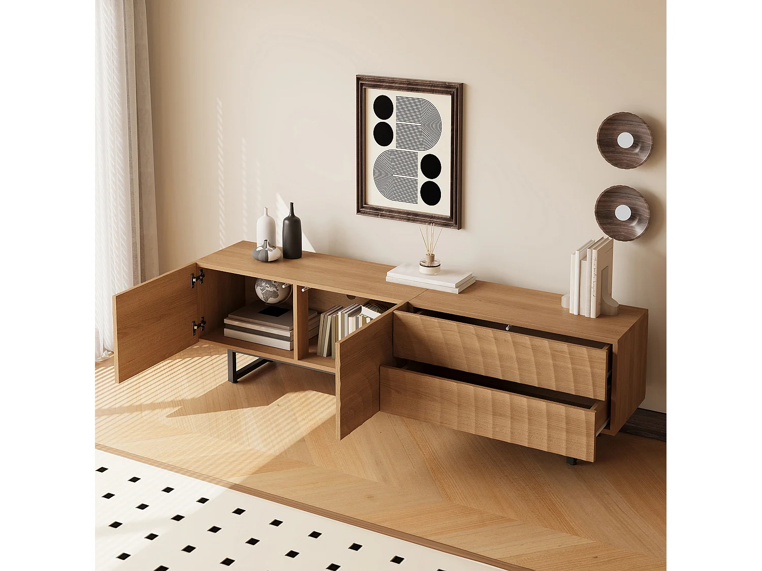 Moderner TV-Schrank 180x38x51,5 cm - 2 Türen und 2 Schubladen - Oberfläche mit wellenartiger Holzmaserung - Spanplatten - Natur
