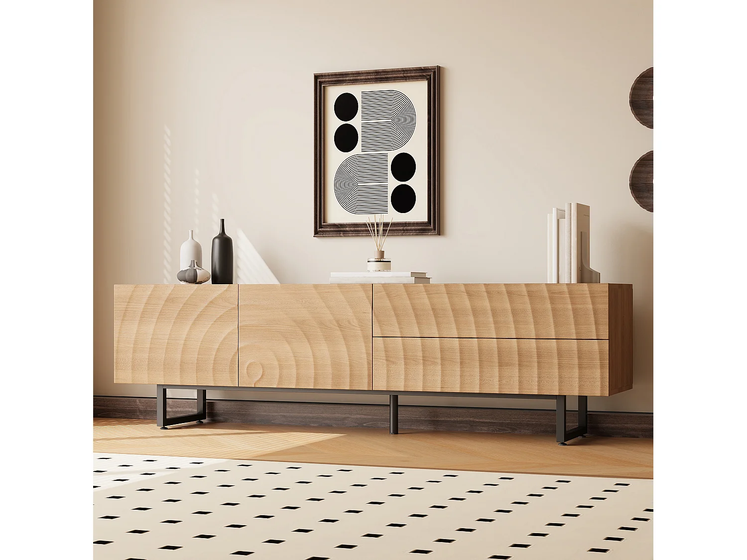 Moderner TV-Schrank 180x38x51,5 cm - 2 Türen und 2 Schubladen - Oberfläche mit wellenartiger Holzmaserung - Spanplatten - Natur