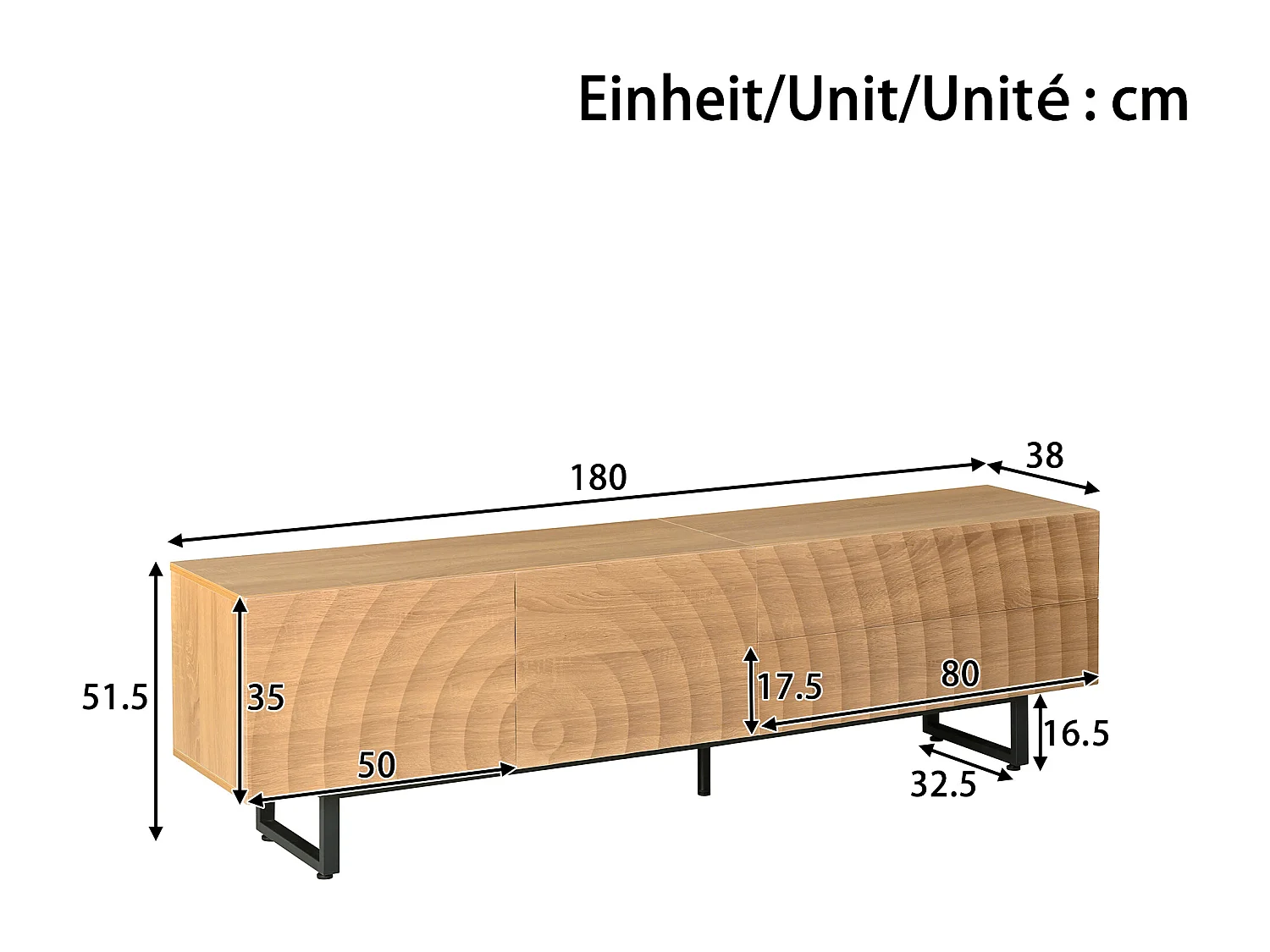 Moderner TV-Schrank 180x38x51,5 cm - 2 Türen und 2 Schubladen - Oberfläche mit wellenartiger Holzmaserung - Spanplatten - Natur