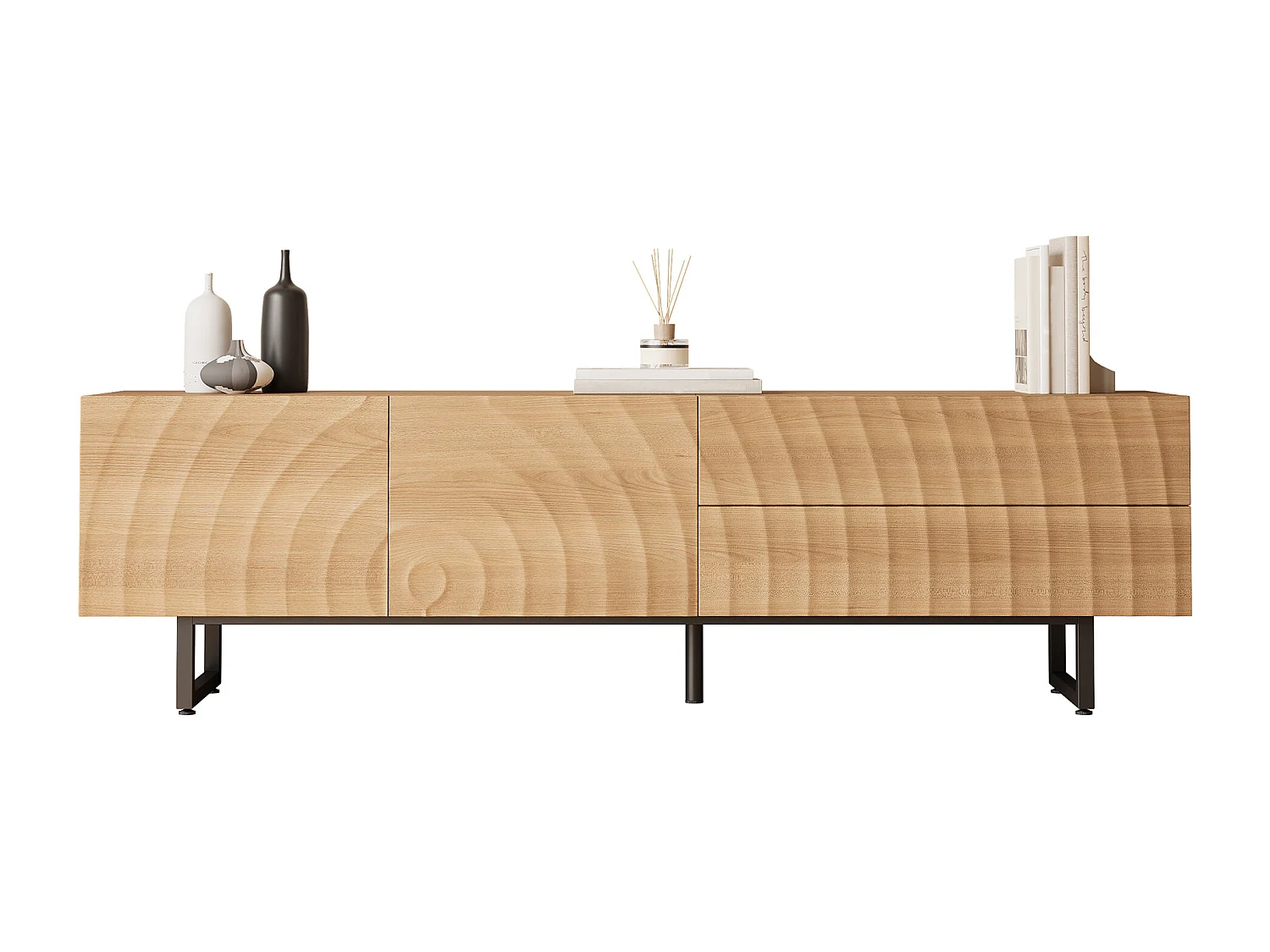 Moderner TV-Schrank 180x38x51,5 cm - 2 Türen und 2 Schubladen - Oberfläche mit wellenartiger Holzmaserung - Spanplatten - Natur