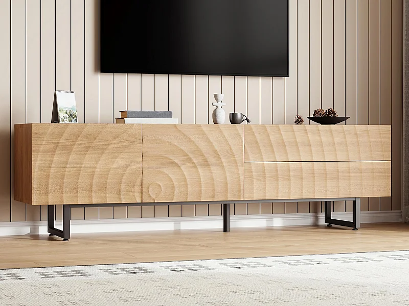 Moderner TV-Schrank 180x38x51,5 cm - 2 Türen und 2 Schubladen - Oberfläche mit wellenartiger Holzmaserung - Spanplatten - Natur