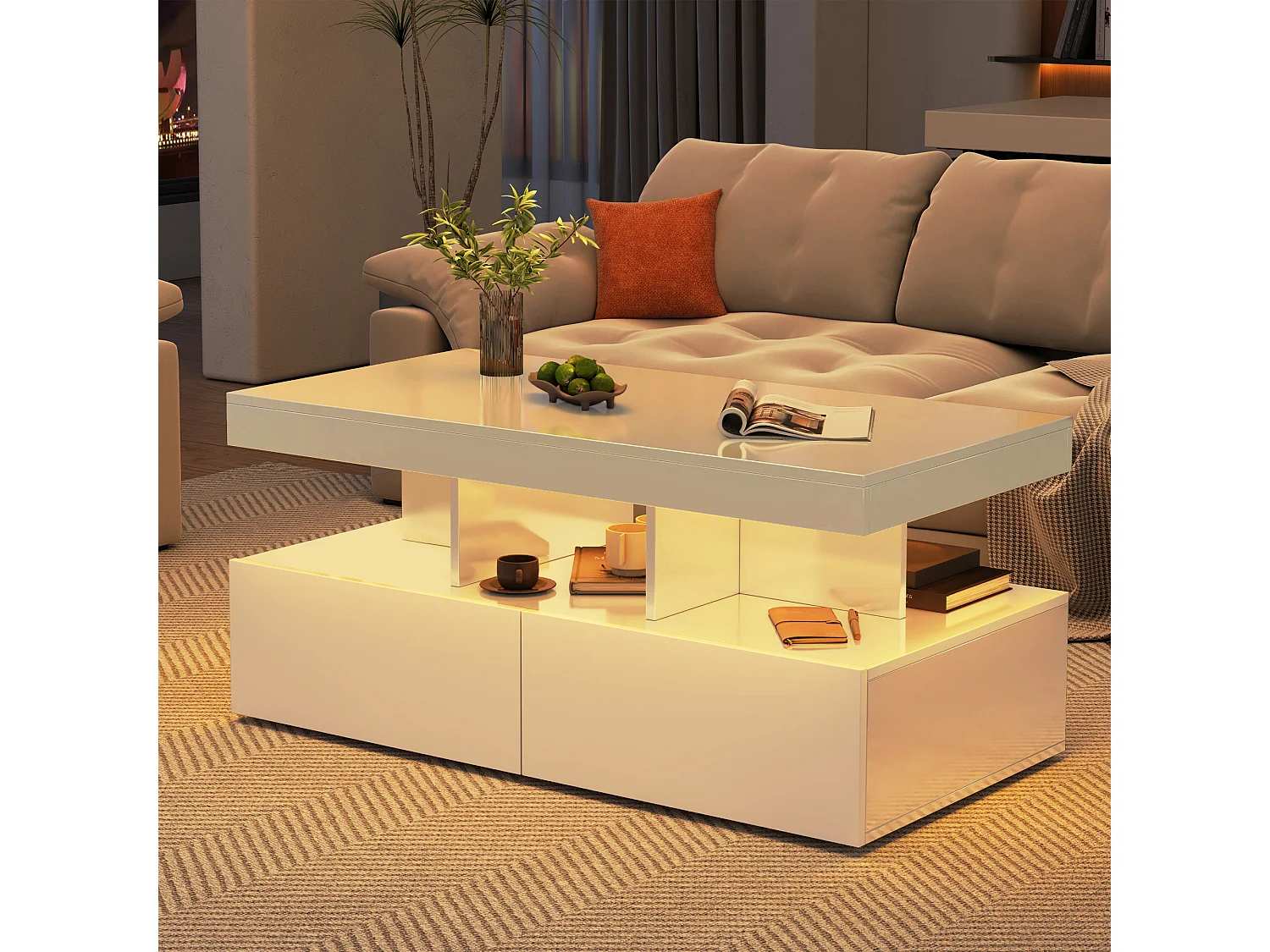 Table basse avec éclairage LED - table de salon avec 2 tiroirs de rangement et une étagère ouverte - 104×53×46 cm