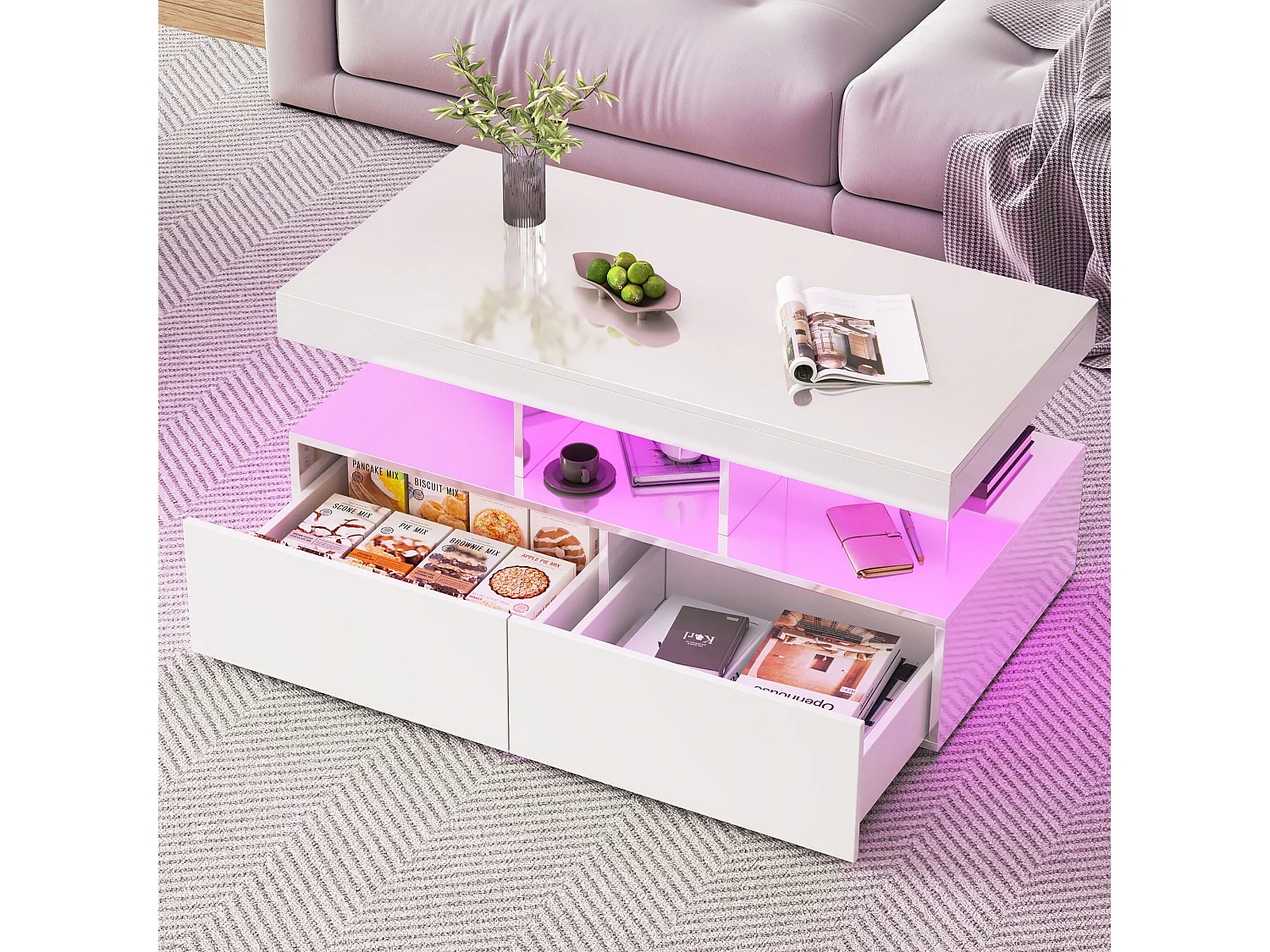 Table basse avec éclairage LED - table de salon avec 2 tiroirs de rangement et une étagère ouverte - 104×53×46 cm