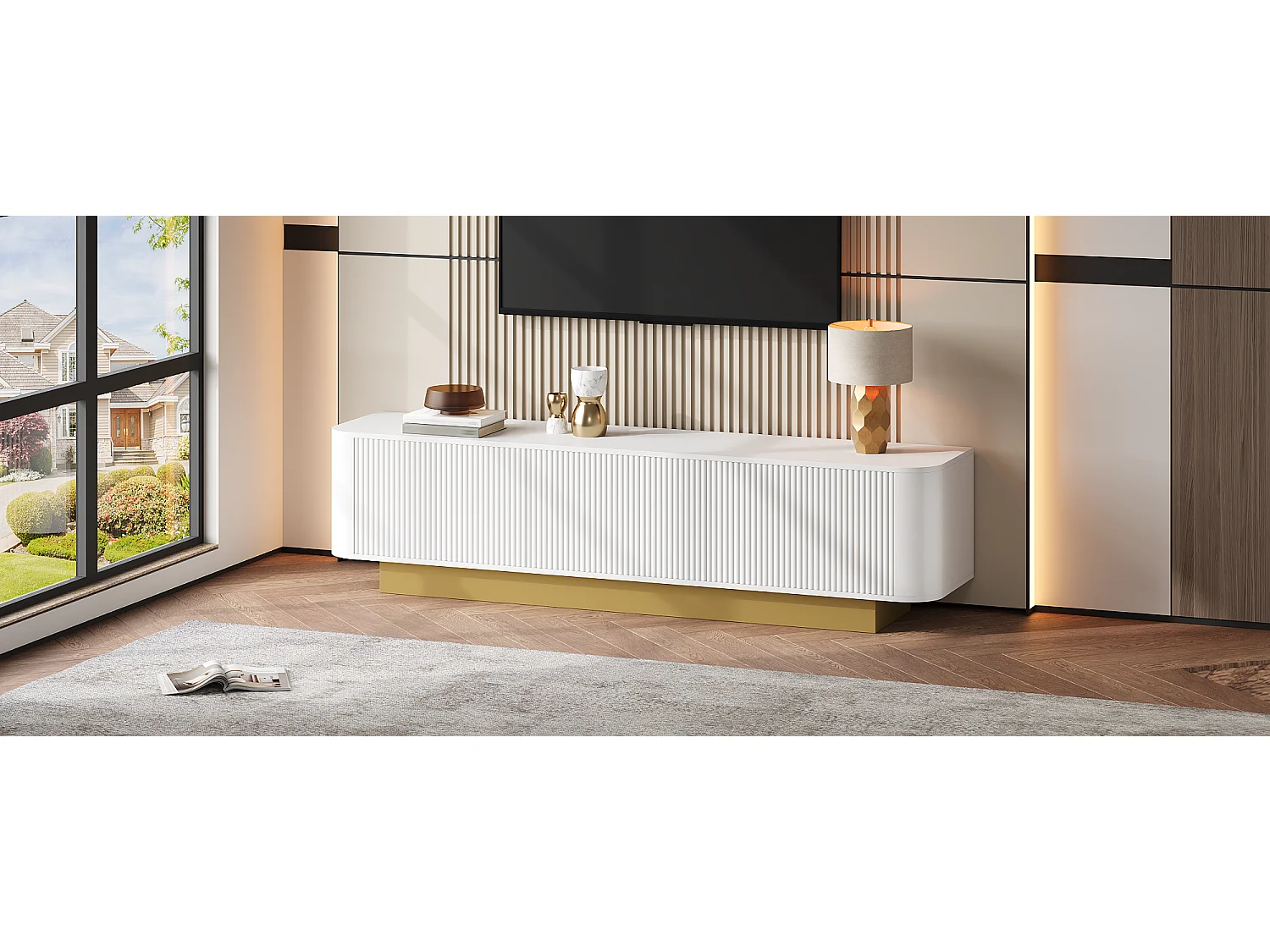 Modern tv-meubel - 170 x 40,5 x 47 cm - met 3 deuren - front met structuurafwerking - MDF + spaanplaat - wit