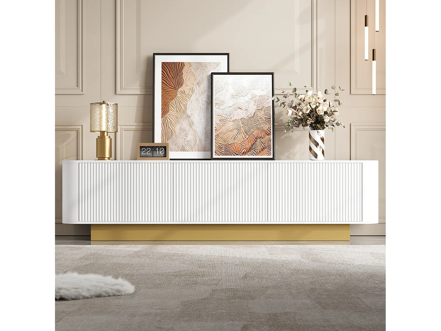 Modern tv-meubel - 170 x 40,5 x 47 cm - met 3 deuren - front met structuurafwerking - MDF + spaanplaat - wit