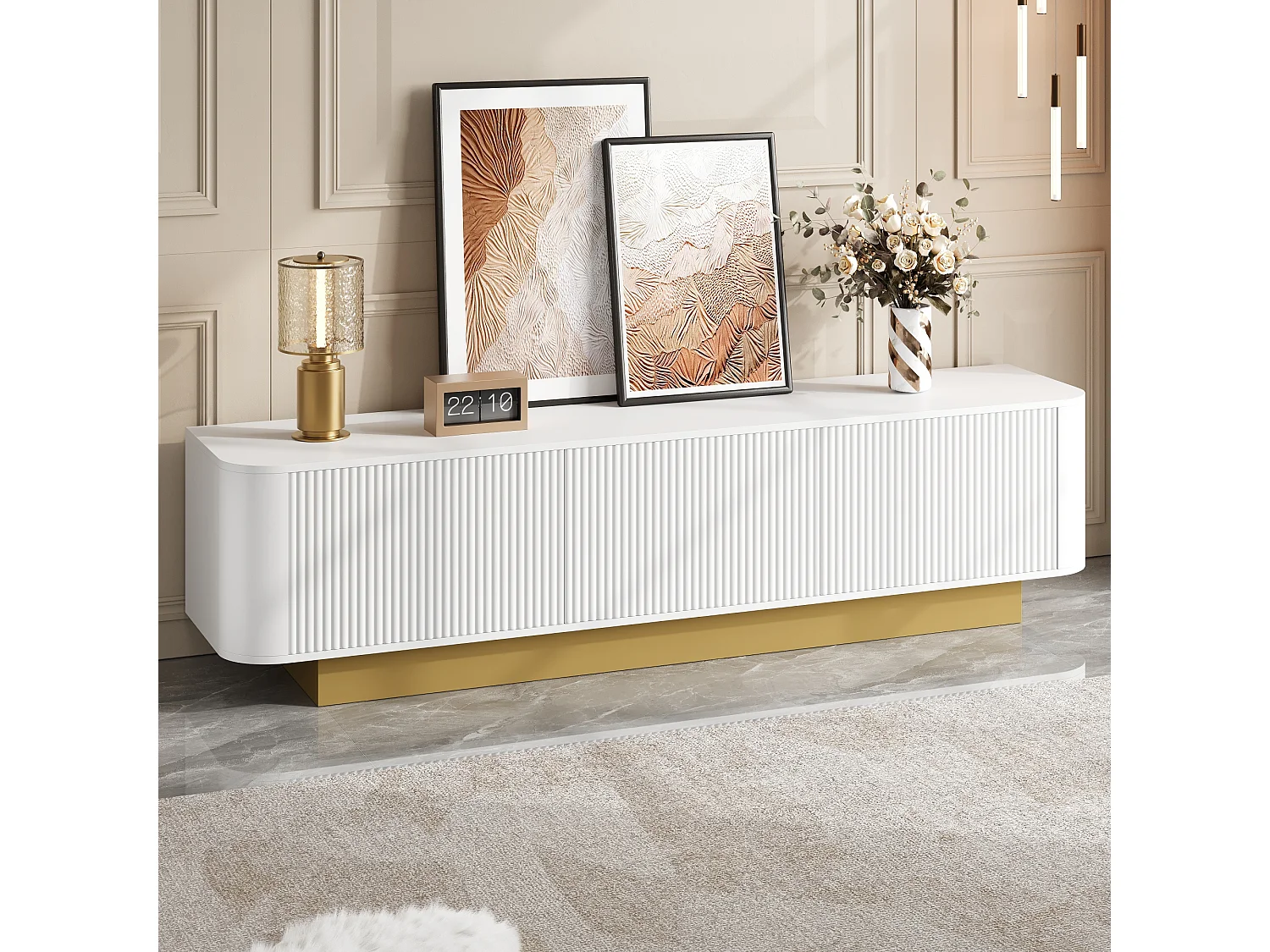 Modern tv-meubel - 170 x 40,5 x 47 cm - met 3 deuren - front met structuurafwerking - MDF + spaanplaat - wit