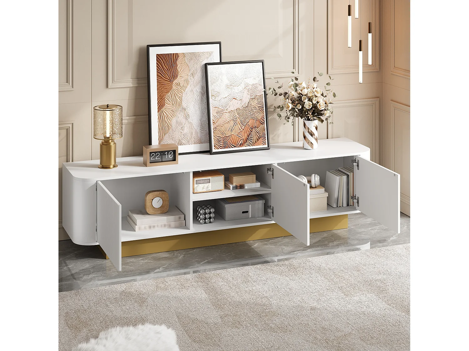 Modern tv-meubel - 170 x 40,5 x 47 cm - met 3 deuren - front met structuurafwerking - MDF + spaanplaat - wit