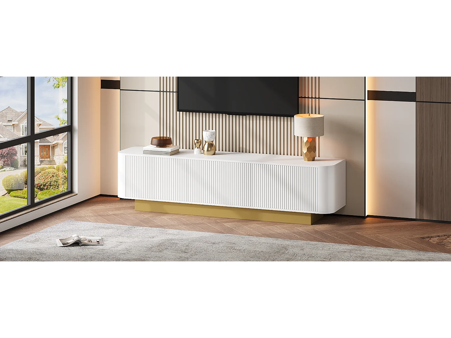 Meuble TV moderne - 170 x 40.5 x 47 cm - avec 3 portes - façade texturée - MDF + aggloméré - blanc