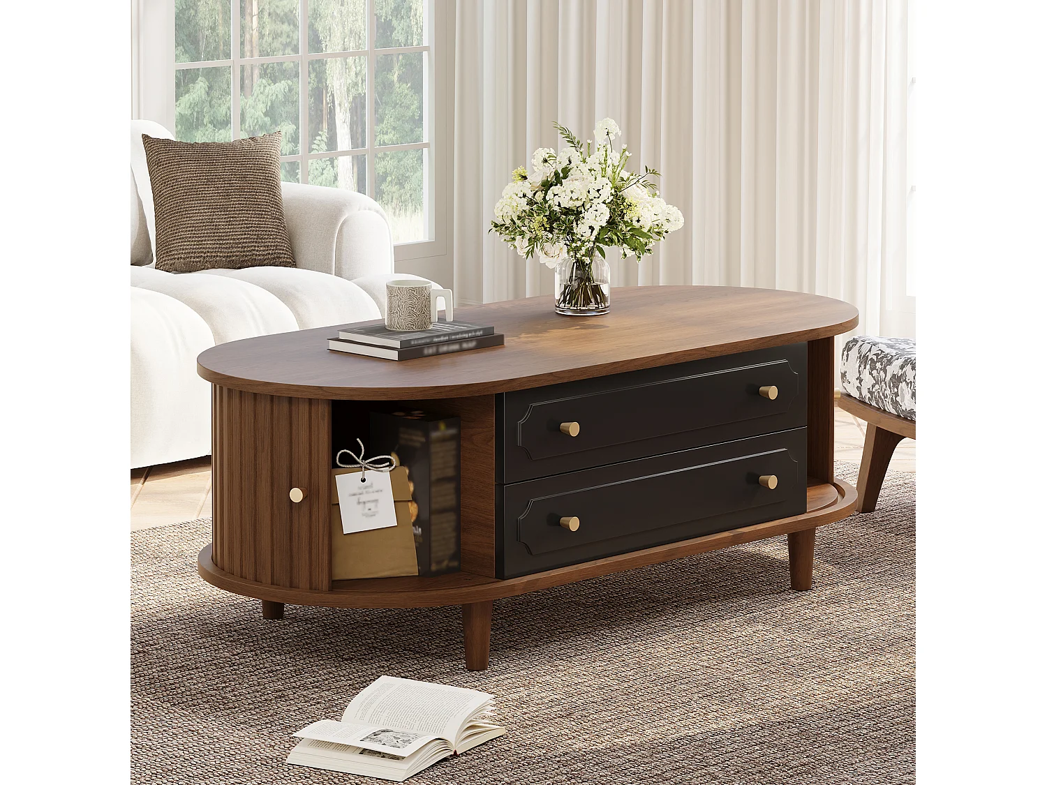 Couchtisch 100x50x36 cm - mit 2 Schubladen und 2 Schiebetüren - Braun + Schwarz