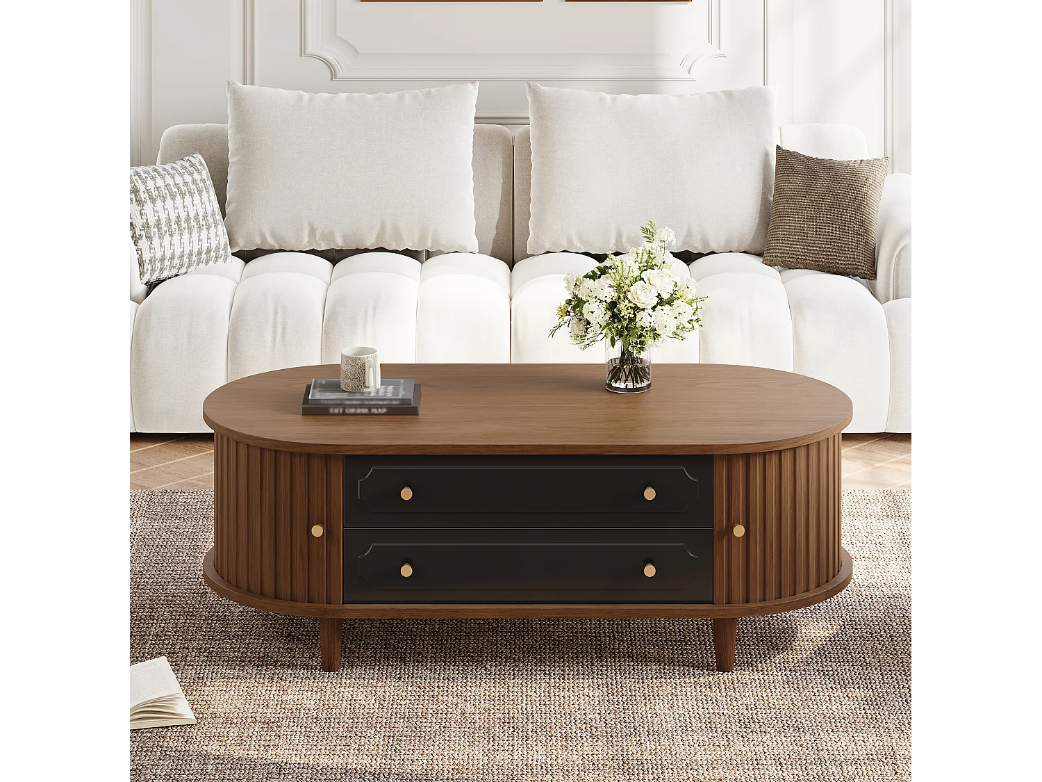 Couchtisch 100x50x36 cm - mit 2 Schubladen und 2 Schiebetüren - Braun + Schwarz