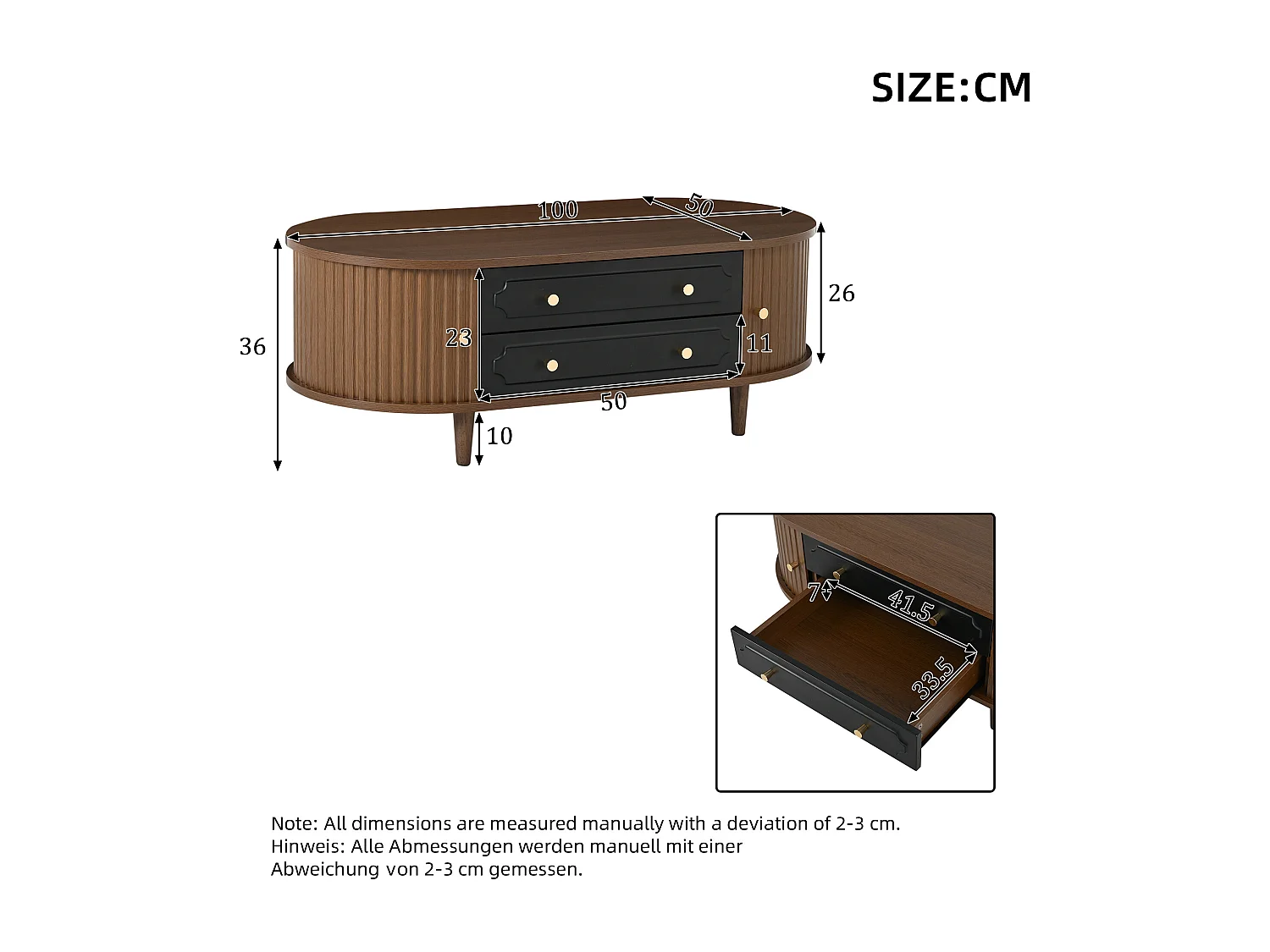 Couchtisch 100x50x36 cm - mit 2 Schubladen und 2 Schiebetüren - Braun + Schwarz