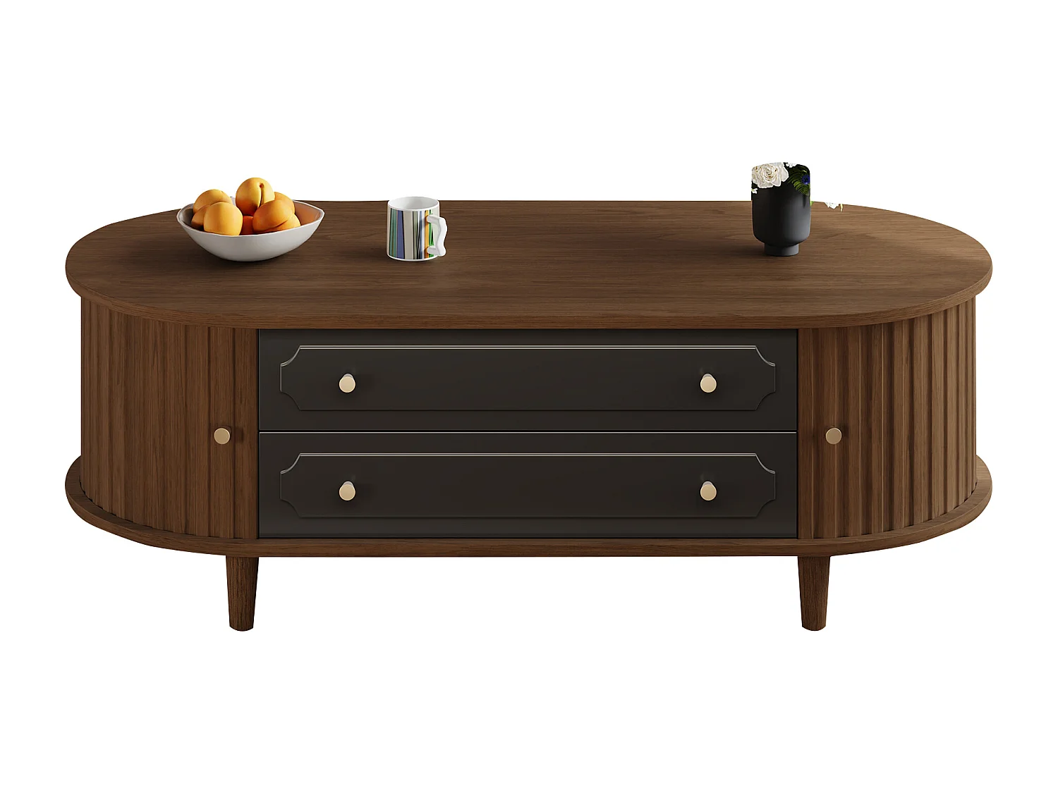 Couchtisch 100x50x36 cm - mit 2 Schubladen und 2 Schiebetüren - Braun + Schwarz