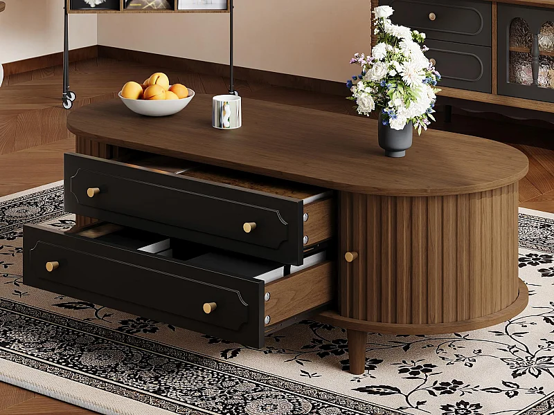 Couchtisch 100x50x36 cm - mit 2 Schubladen und 2 Schiebetüren - Braun + Schwarz