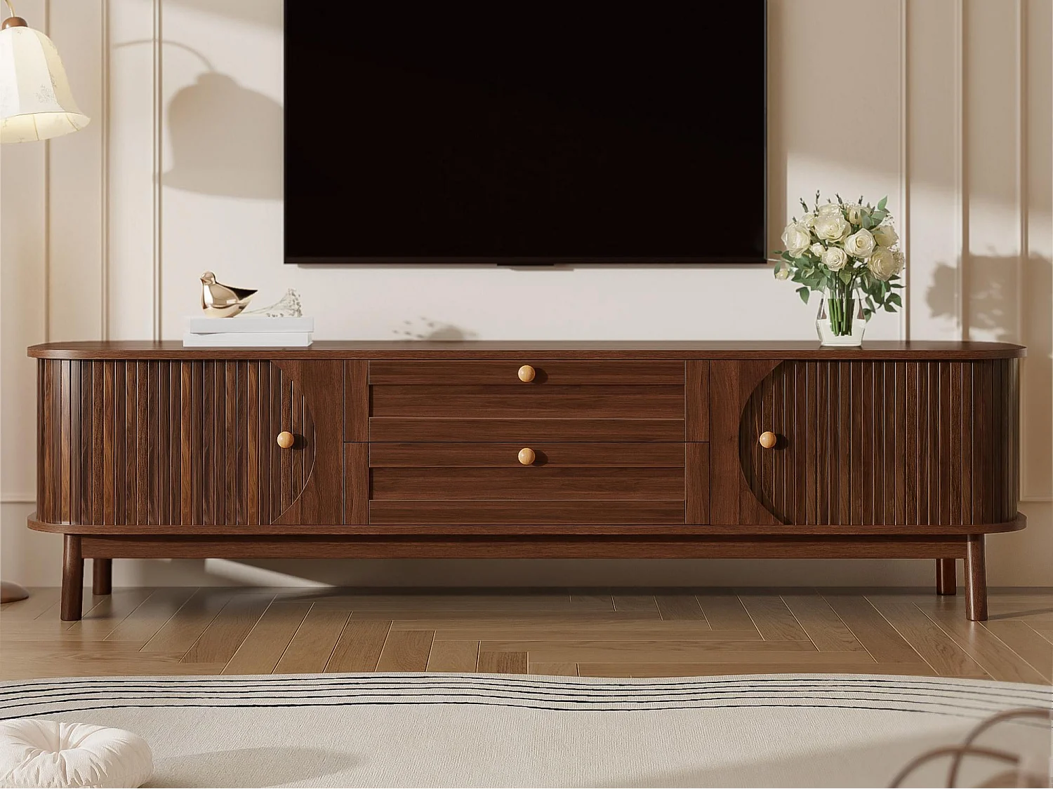 Moderner TV-Schrank aus Holz - 170x39,5x46 cm - mit 2 Schubladen und 2 Schiebetüren - Holzoptik - MDF - Braun