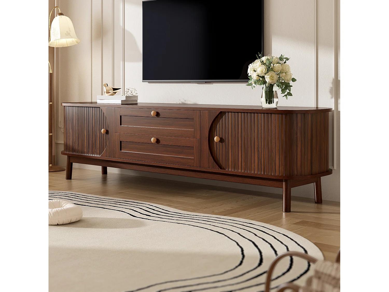 Moderner TV-Schrank aus Holz - 170x39,5x46 cm - mit 2 Schubladen und 2 Schiebetüren - Holzoptik - MDF - Braun