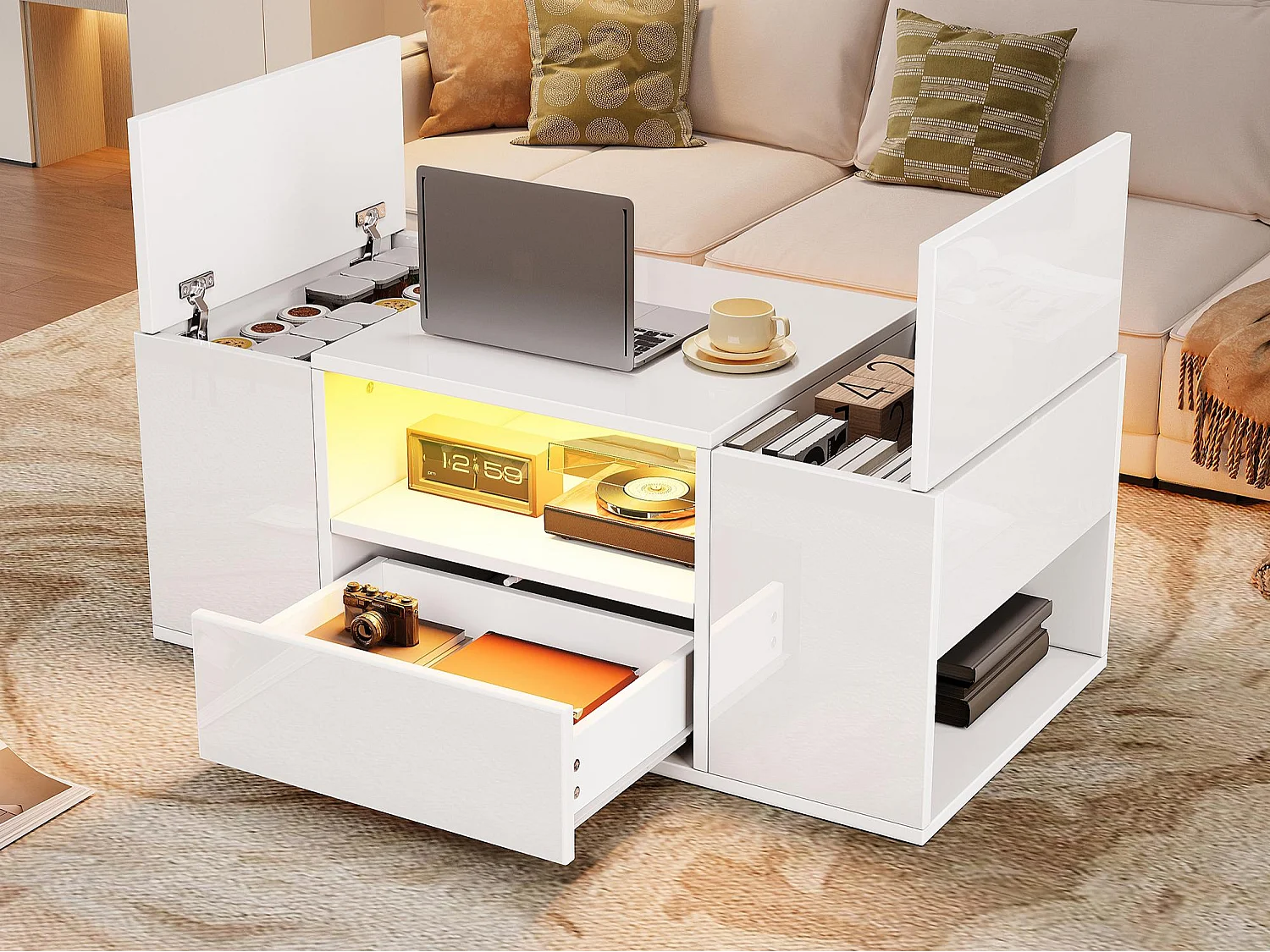 Glänzender Couchtisch 100x50x40 cm - mit 1 Schublade und Staufächern - mit LED-Beleuchtung - Spanplatten - Weiß