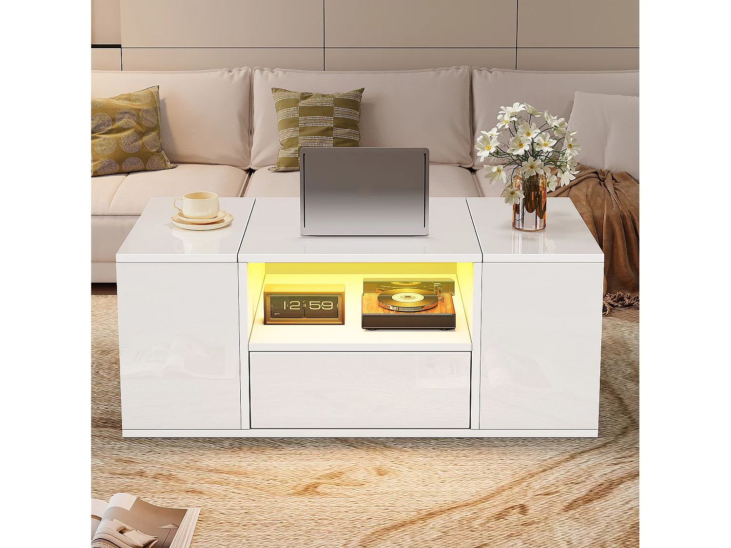 Glänzender Couchtisch 100x50x40 cm - mit 1 Schublade und Staufächern - mit LED-Beleuchtung - Spanplatten - Weiß