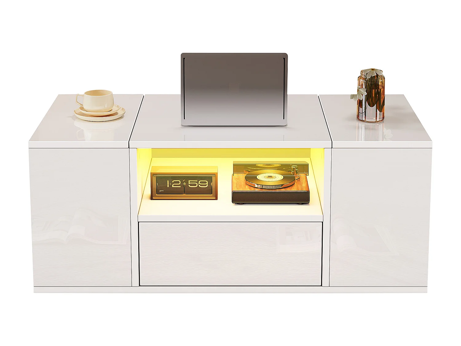 Glänzender Couchtisch 100x50x40 cm - mit 1 Schublade und Staufächern - mit LED-Beleuchtung - Spanplatten - Weiß