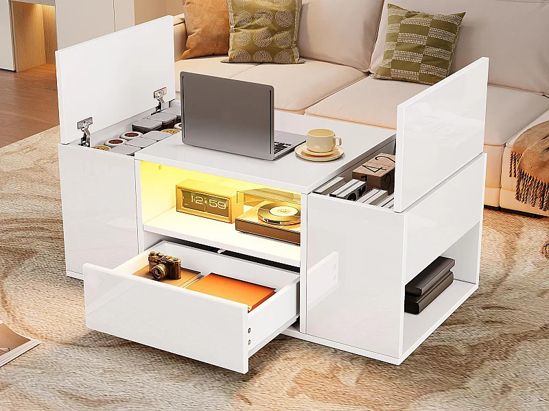 Glänzender Couchtisch 100x50x40 cm - mit 1 Schublade und Staufächern - mit LED-Beleuchtung - Spanplatten - Weiß