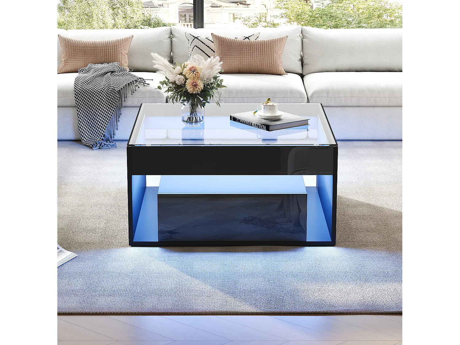 Glänzender Couchtisch 70x70x35 cm - Mit LED-Beleuchtung - 1 Schublade - Offenes Ablagefach - Platte aus gehärtetem Glas - MDF - Schwarz