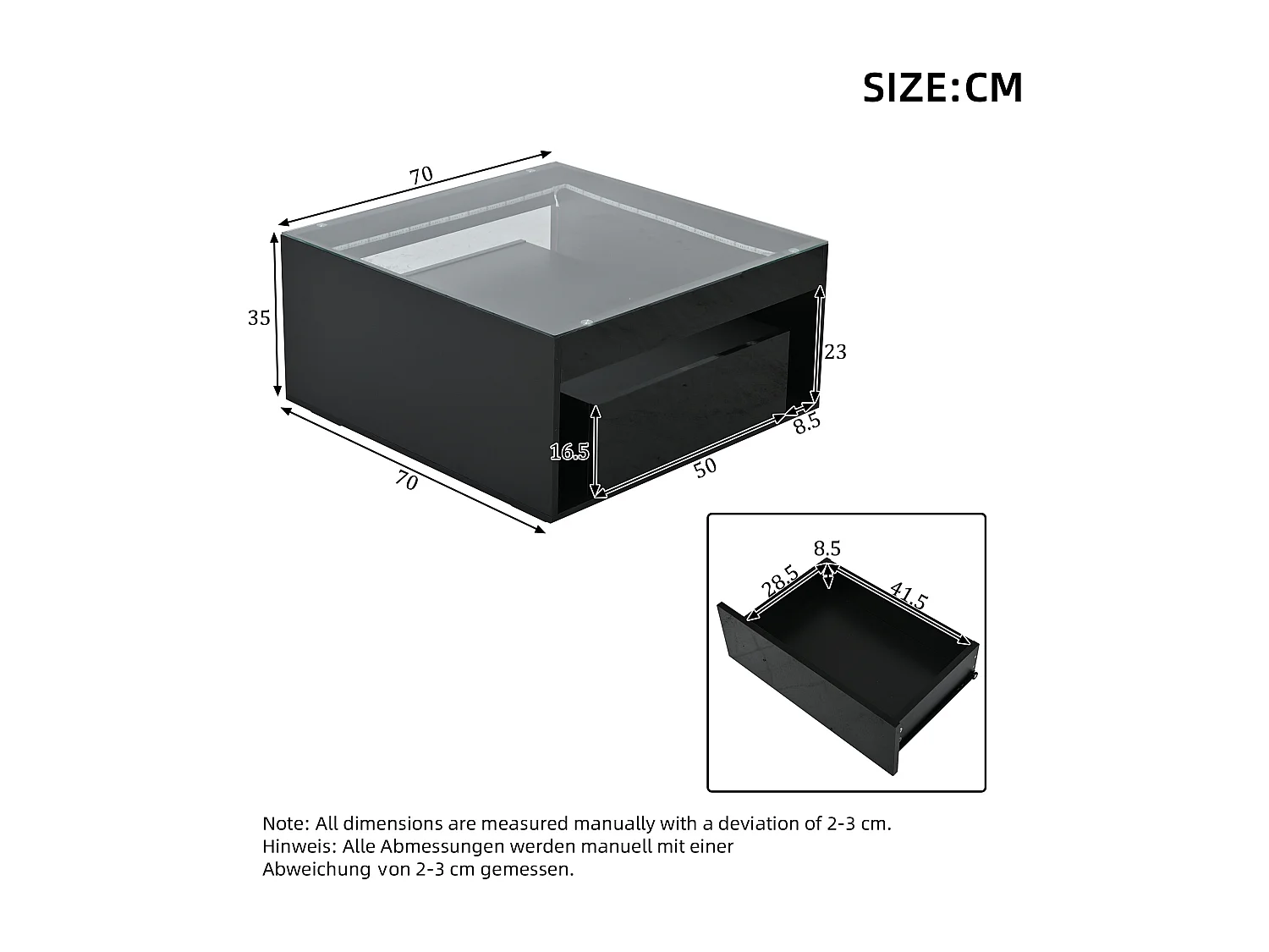 Glänzender Couchtisch 70x70x35 cm - Mit LED-Beleuchtung - 1 Schublade - Offenes Ablagefach - Platte aus gehärtetem Glas - MDF - Schwarz