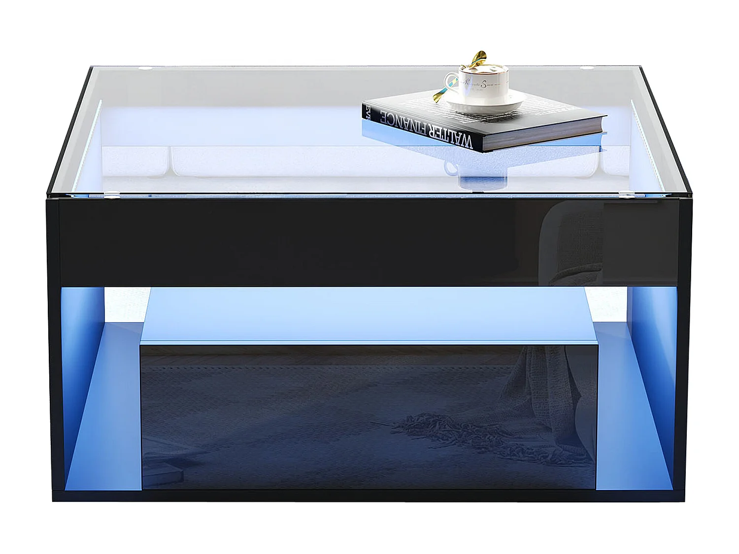 Glänzender Couchtisch 70x70x35 cm - Mit LED-Beleuchtung - 1 Schublade - Offenes Ablagefach - Platte aus gehärtetem Glas - MDF - Schwarz