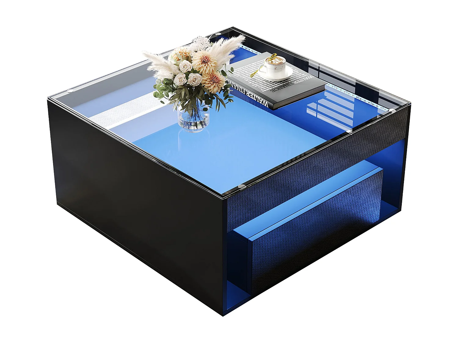 Glänzender Couchtisch 70x70x35 cm - Mit LED-Beleuchtung - 1 Schublade - Offenes Ablagefach - Platte aus gehärtetem Glas - MDF - Schwarz