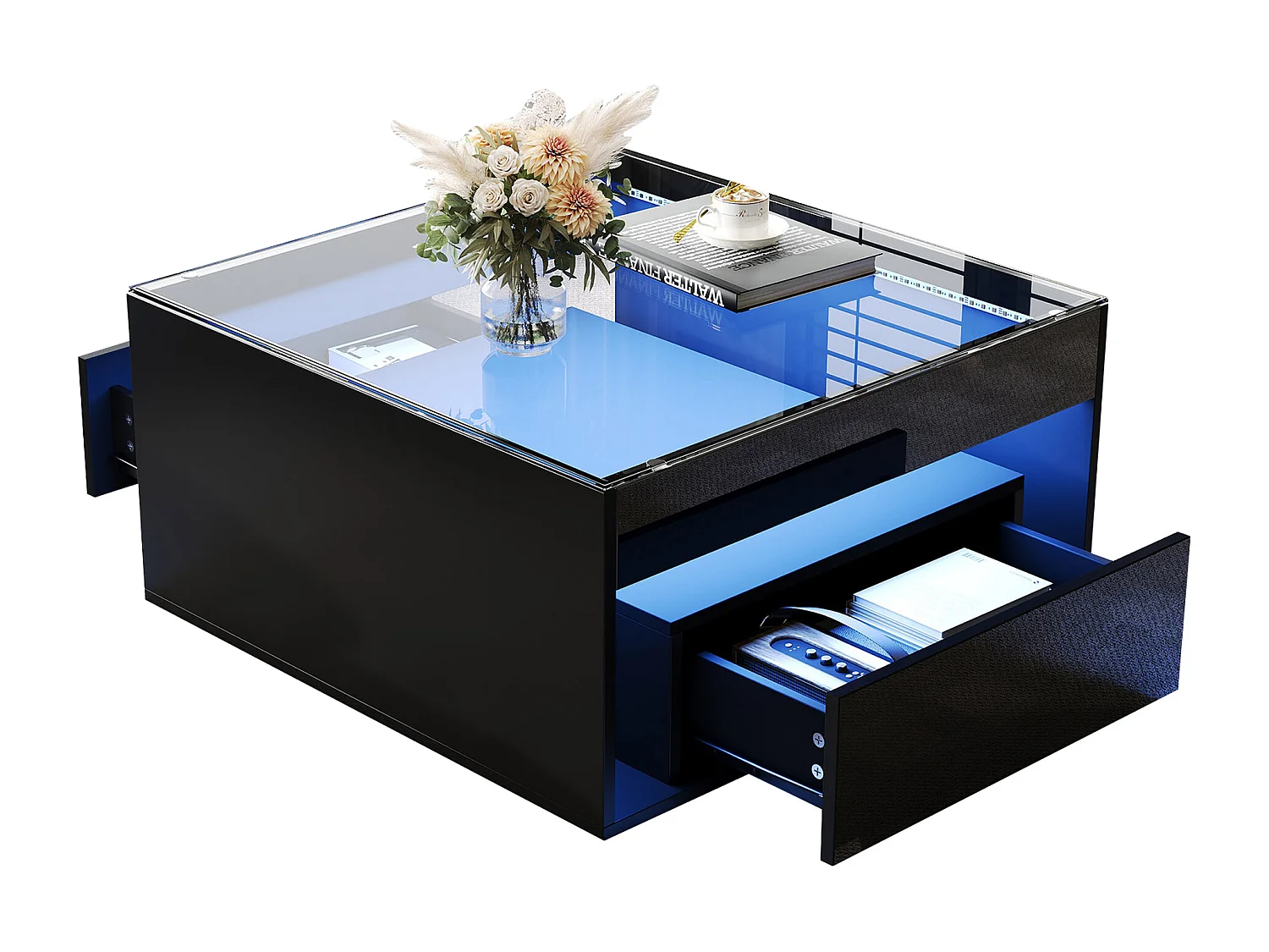 Glänzender Couchtisch 70x70x35 cm - Mit LED-Beleuchtung - 1 Schublade - Offenes Ablagefach - Platte aus gehärtetem Glas - MDF - Schwarz