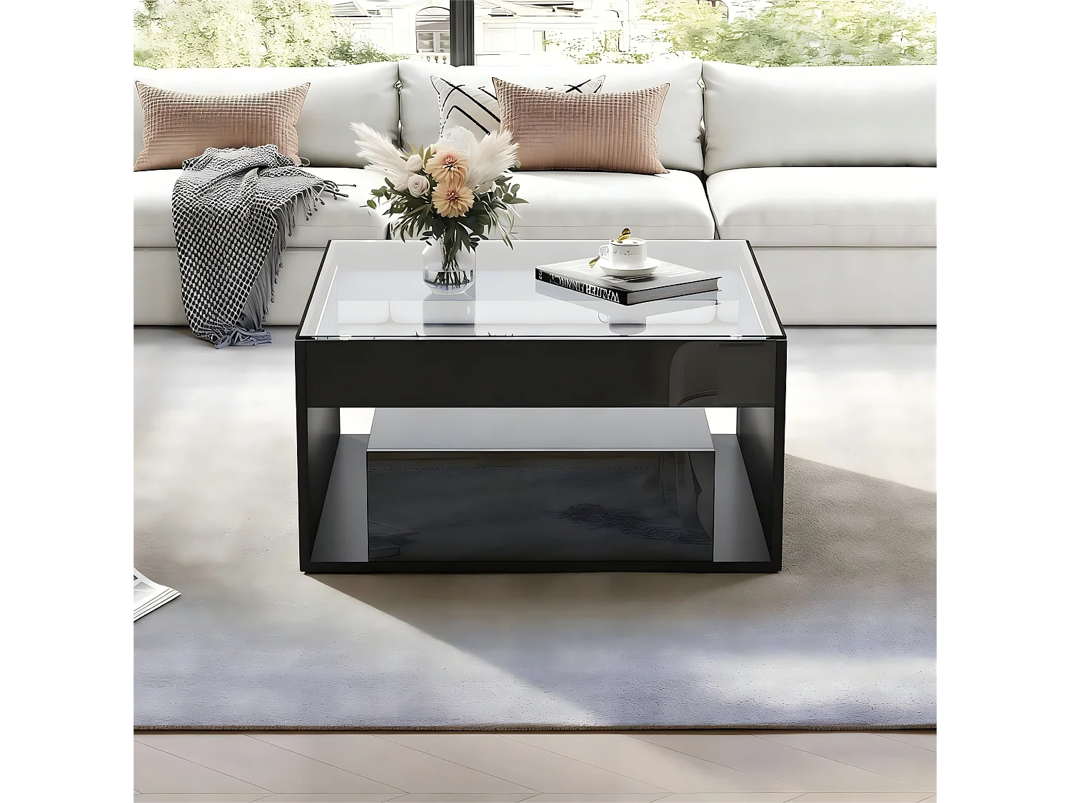 Table basse brillante 70x70x35 cm - Avec éclairage LED - 1 tiroir - Étagère ouverte - Plateau en verre trempé - MDF - Noir