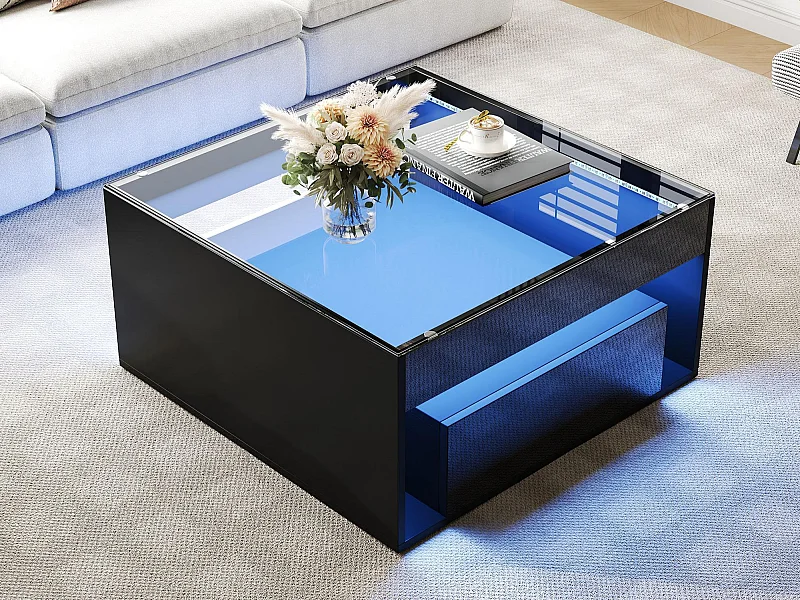 Glänzender Couchtisch 70x70x35 cm - Mit LED-Beleuchtung - 1 Schublade - Offenes Ablagefach - Platte aus gehärtetem Glas - MDF - Schwarz